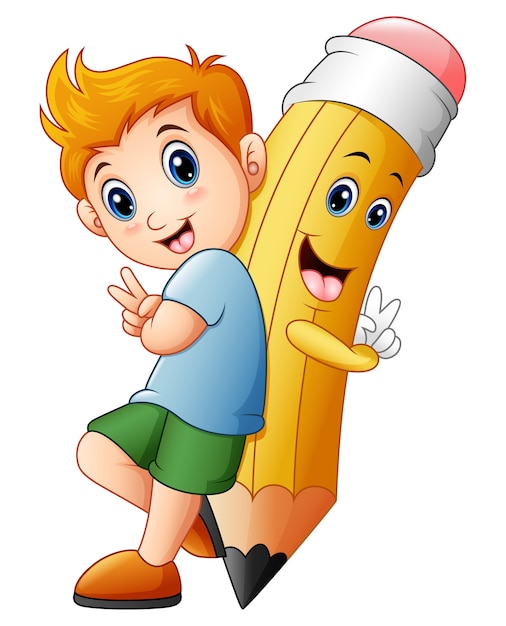 Premium Vector | Schoolboy with cartoon pencil character gesturing peace