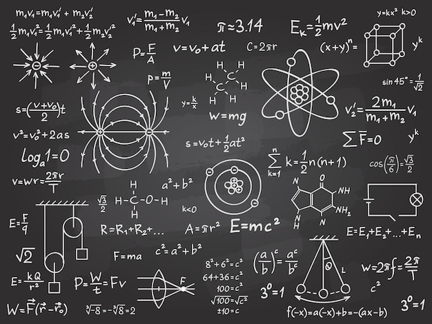 科学的な公式 クラスの黒板の数学と物理学の微積分 代数と物理科学の手書きのベクトル教育の概念 黒板での数学の計算 物理科学の定理 プレミアムベクター