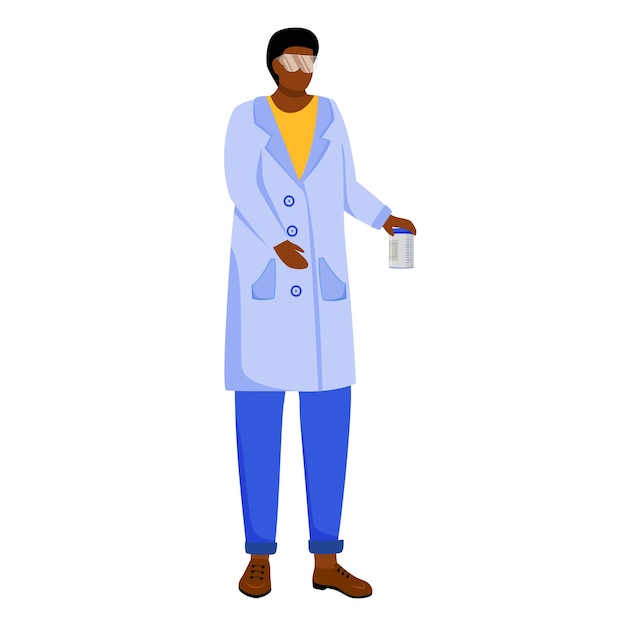 保護メガネフラットイラストと白衣の科学者 医学 化学の勉強 実験室での実験 化学物質を持つ女性は白い背景の上の漫画のキャラクターを分離することができます プレミアムベクター