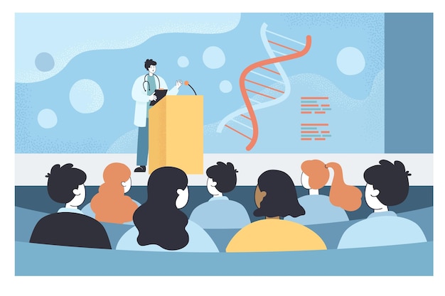 Premium Vector | Scientist speaking at conference in front of audience