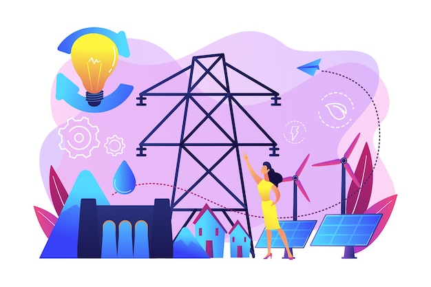 Scientist with sustainable development ideas solar panels, hydropower, wind. sustainable energy, future-oriented energy, smart energy system concept. Free Vector