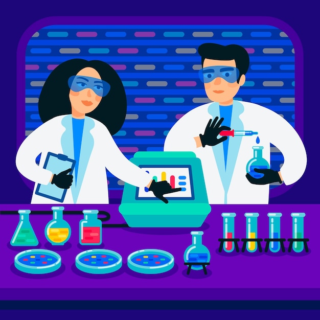 Premium Vector | Scientists working in nanotechnology or biochemistry ...