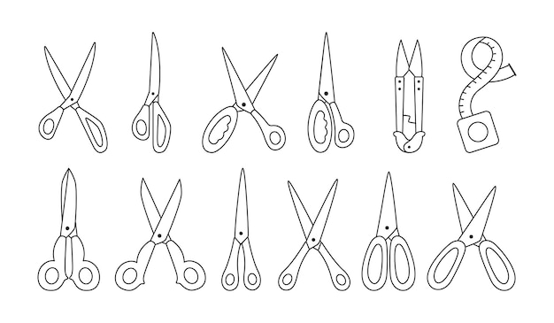 Premium Vector Scissor Black Line Set Hand Drawn Professional Pair