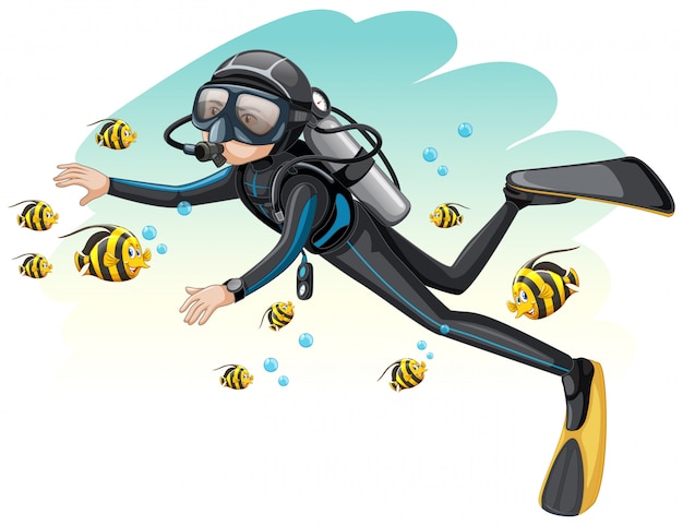 Scuba diver surroded by fish | Premium Vector