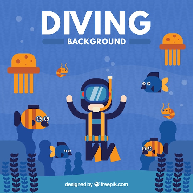 Scuba diver with sea creatures background in flat design Free Vector