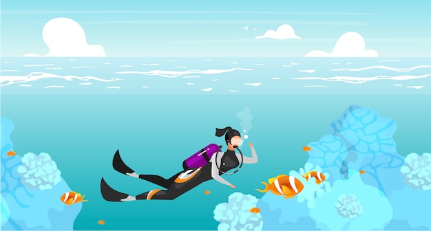 Scubadivingフラットイラスト 水中スイミングスポーツウーマン 深海ダイビング 海の野生生物 野外活動 夏休み 背景色が水色のスキューバダイバーの漫画のキャラクター プレミアムベクター