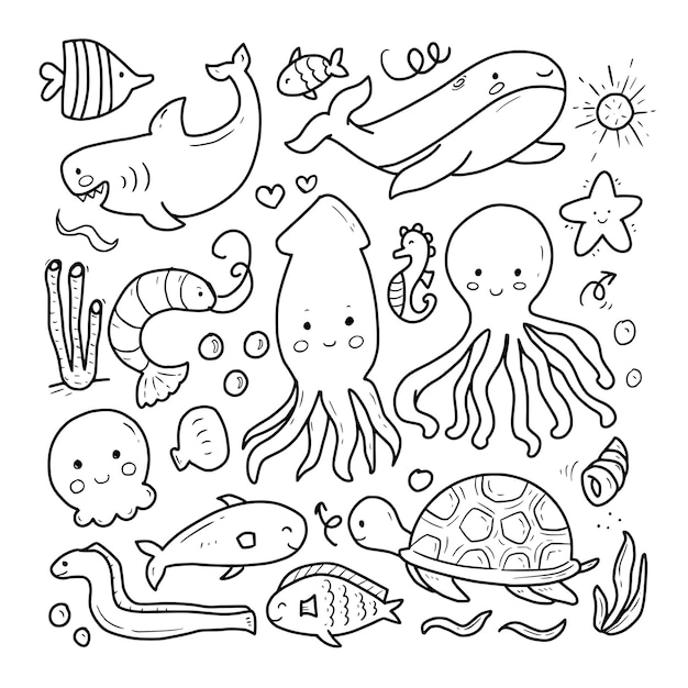 Premium Vector | Sea animal doodle drawing cartoon