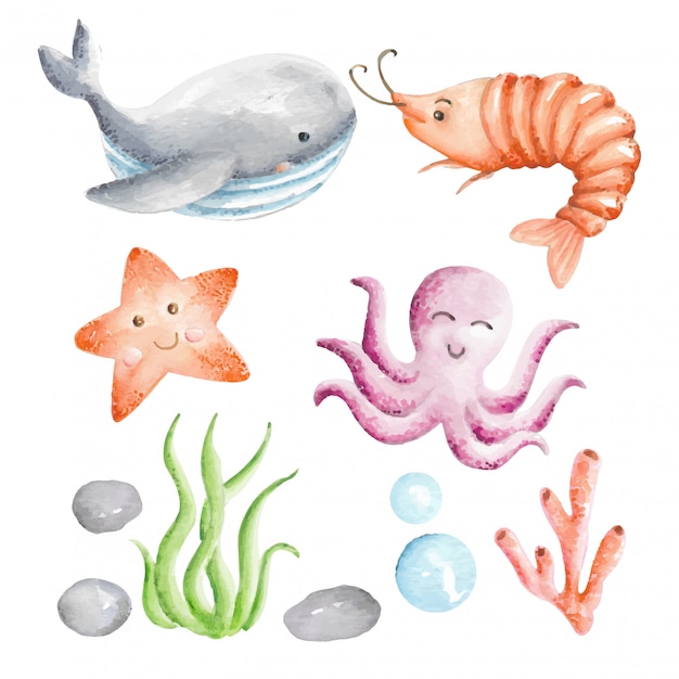 Premium Vector | Sea animal watercolor set