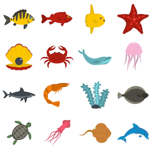 Download Sea animals icons set in flat style | Premium Vector
