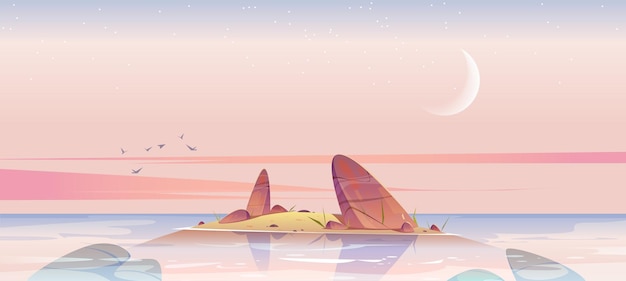 海または湖の朝のベクトル漫画の風景の岩と海のビーチと水の小さな島 無料のベクター