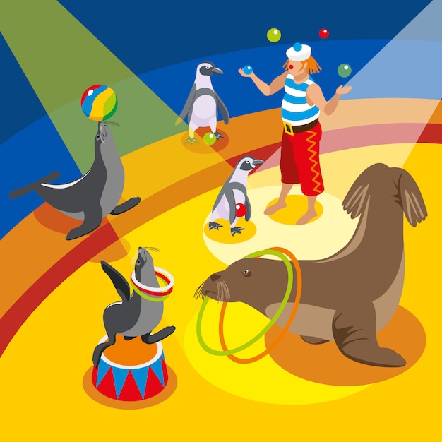 Sea circus isometric composition with juggling clown and animals performing spectacle on arena Free Vector