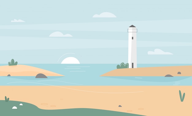 灯台と海の海岸のイラスト プレミアムベクター
