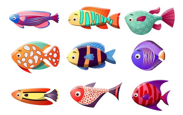 熱帯魚の海のコレクション 9種類の珊瑚礁の魚のマルチカラーセット プレミアムベクター