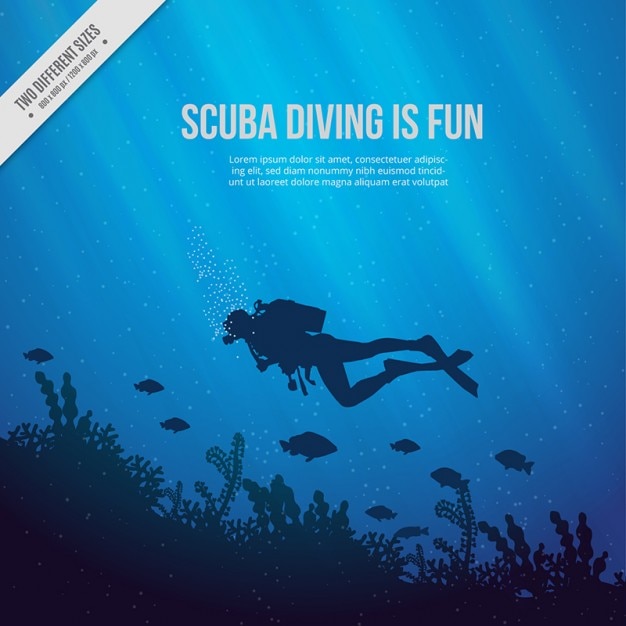  Sea floor with scuba diver and seaweeds blue background Premium Vector