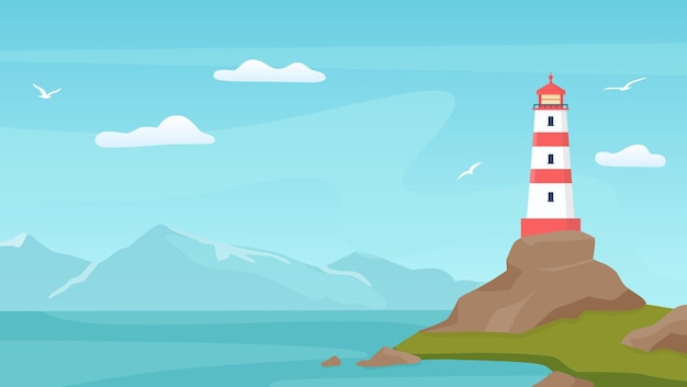 ビーコンのある海の風景 岩のある海岸の灯台タワー カモメ 海岸 海の波と山のベクトルシーンと漫画の青い空 イラストビーコン風景 灯台海岸 プレミアムベクター