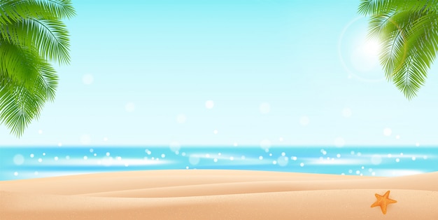 海のパノラマ 熱帯のビーチの背景 シュロの葉のデザインの砂と海のイラスト プレミアムベクター