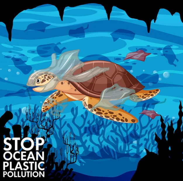 Free Vector Sea Turtle And Plastic Bags In Ocean