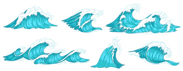 海の波 ヴィンテージ海の波 青い水の潮と津波の手描きイラストセット プレミアムベクター