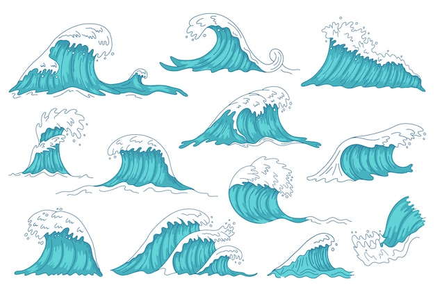 プレミアムベクター 海の波 海手描き水波 ヴィンテージ嵐津波 荒れ狂う海洋水シャフトイラストアイコンセット 水海の嵐 スプラッシュウェーブコレクション