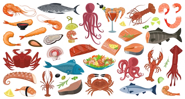 Premium Vector | Seafood cartoon set icon.