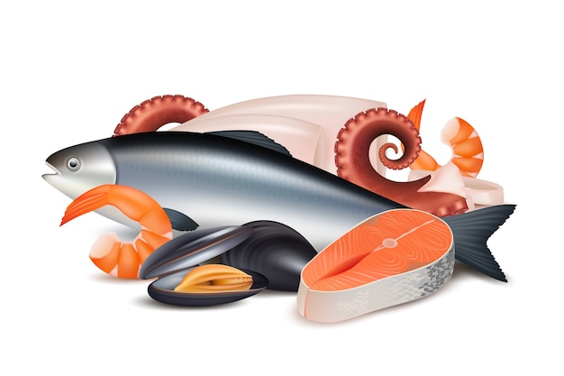 シーフード さまざまな新鮮なタンパク質食品魚タコ軟体動物ロブスターベクトルの現実的な写真の構成 イラストタコとロブスター 新鮮なシーフード プレミアムベクター