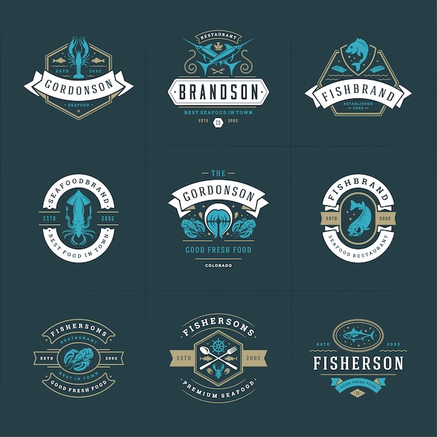 Download Seafood logos or signs set vector illustration fish market ...