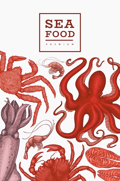 シーフードテンプレート 手描きのシーフードイラスト 刻まれたスタイルの食べ物 レトロな海の動物の背景 プレミアムベクター