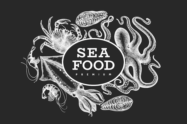 シーフードテンプレート チョークボードに手描きのシーフードイラスト 刻まれたスタイルの食べ物 レトロな海の動物の背景 プレミアムベクター