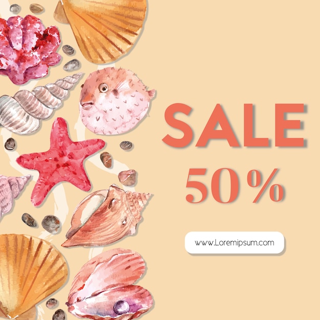 Sealife themed frame with starfish and shells, warm-toned color illustration template. Free Vector