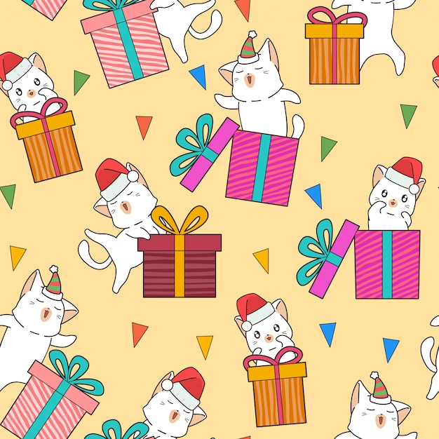 Seamless adorable cat characters and gift boxes in the party pattern Premium Vector