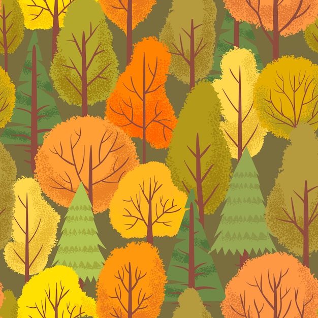 シームレスな秋の森の木のパターン カラフルな森の木 屋外の公園の植物 シンプルな花の背景イラスト プレミアムベクター