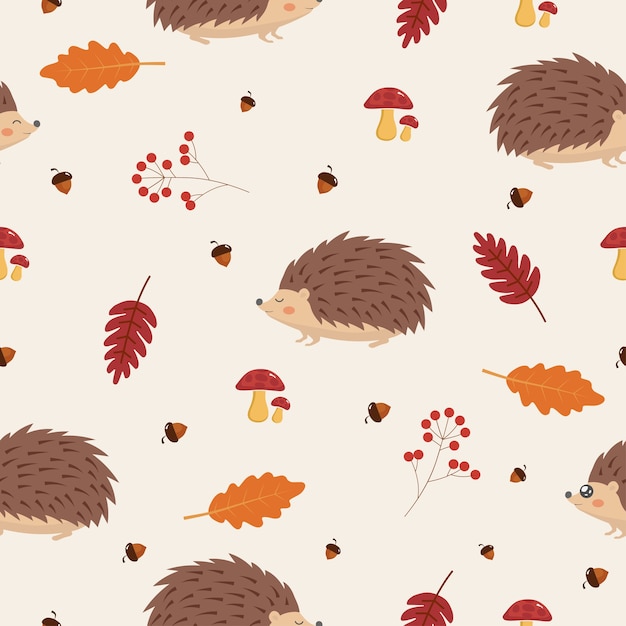 Seamless autumn pattern with leaves and hedgehog. Premium Vector