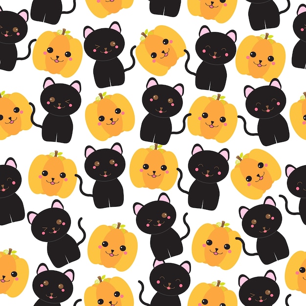 黒の猫と壁紙 スクラップペーパー はがきに適したジャックoのランタンとハロウィーンのイラストのシームレスな背景 プレミアムベクター