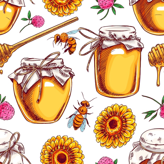 蜂蜜の瓶 蜂 花のシームレスな背景 手描きイラスト プレミアムベクター
