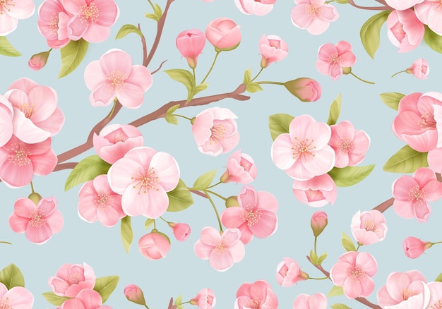 ピンクのさくらの花または日本の開花桜のシームレスな背景 春の花 結婚式の背景 テキスタイル ファブリック エキゾチックな質感の葉のパターン プレミアムベクター
