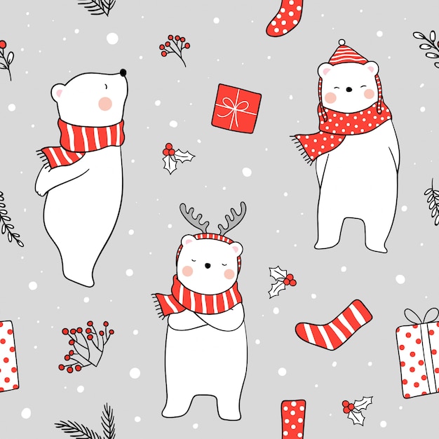 Seamless background white bear with red scarf in snow Premium Vector Seamless background white bear with red scarf in snow Premium Vector