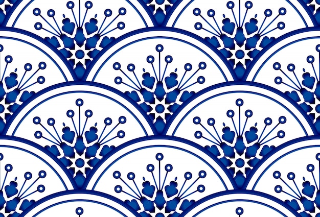 丸い模様とのシームレスな背景 水彩の青と白の背景に花飾り 中国磁器デザイン プレミアムベクター