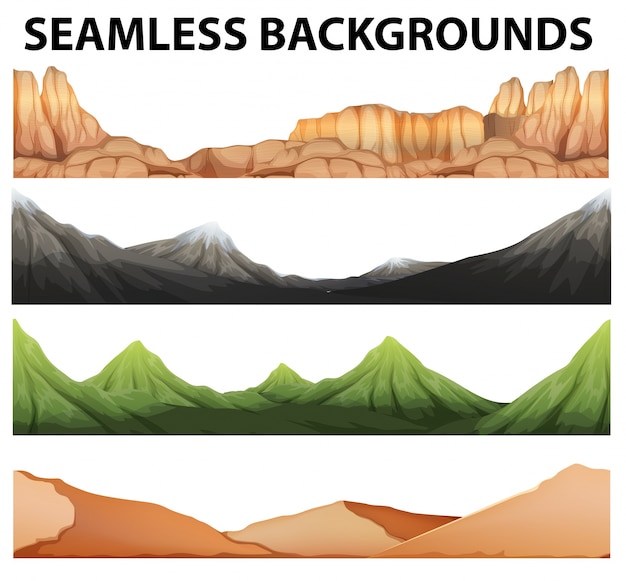 Seamless backgrounds with different types of mountains Free Vector
