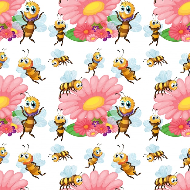 Seamless bees flying around the flowers