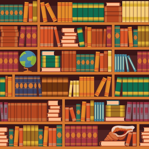 書店や図書館の背景や壁紙のヴィンテージレトロアカデミック本棚パターンのシームレスな本のイラスト プレミアムベクター