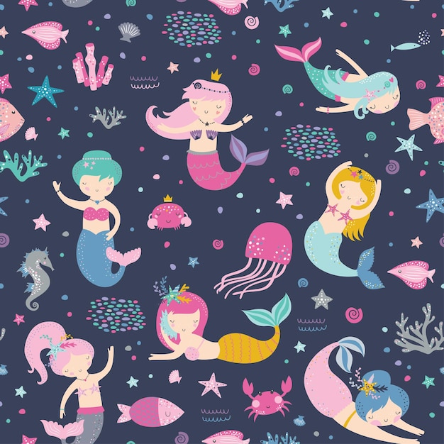 Premium Vector | Seamless childish pattern with cute mermaids.