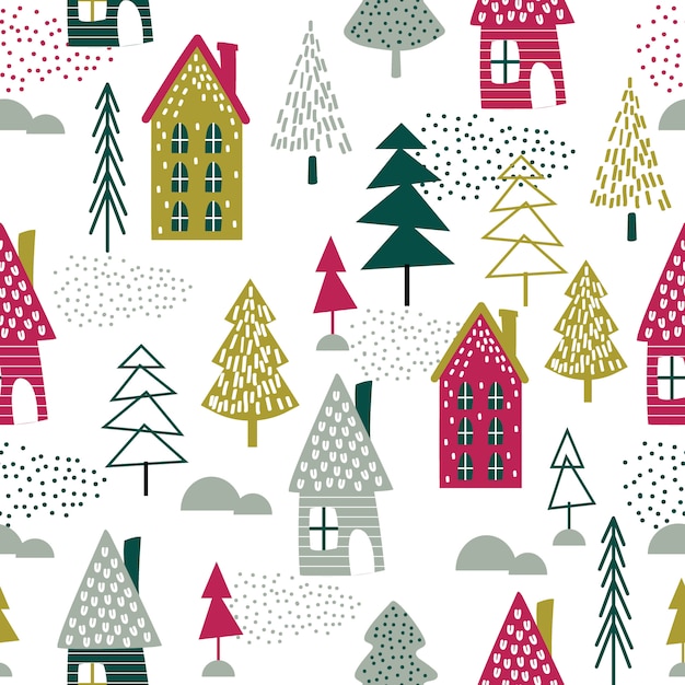 シームレスなクリスマスの家とクリスマスツリーデザインベクトルイラスト プレミアムベクター