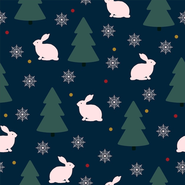 service en anden gele Premium Vector | Seamless christmas nature pattern winter forest dark blue  hare trees snowflake night background