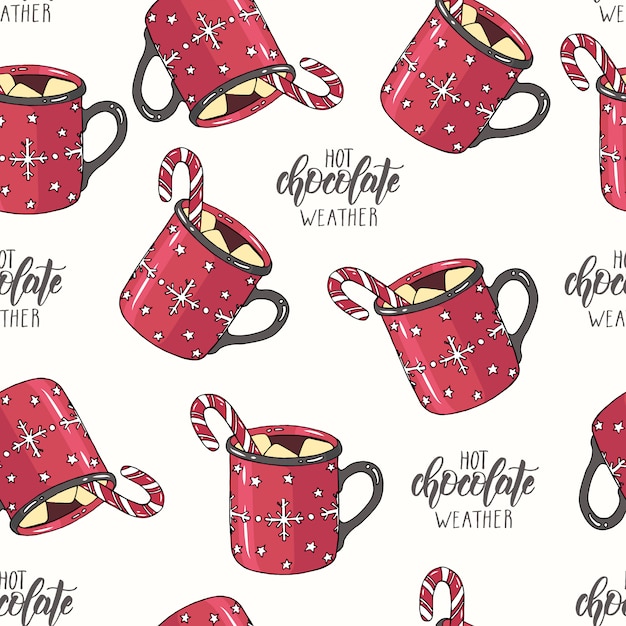 Premium Vector Seamless Christmas Pattern With Cup Of Hot Chocolate With Marshmallow And Candy