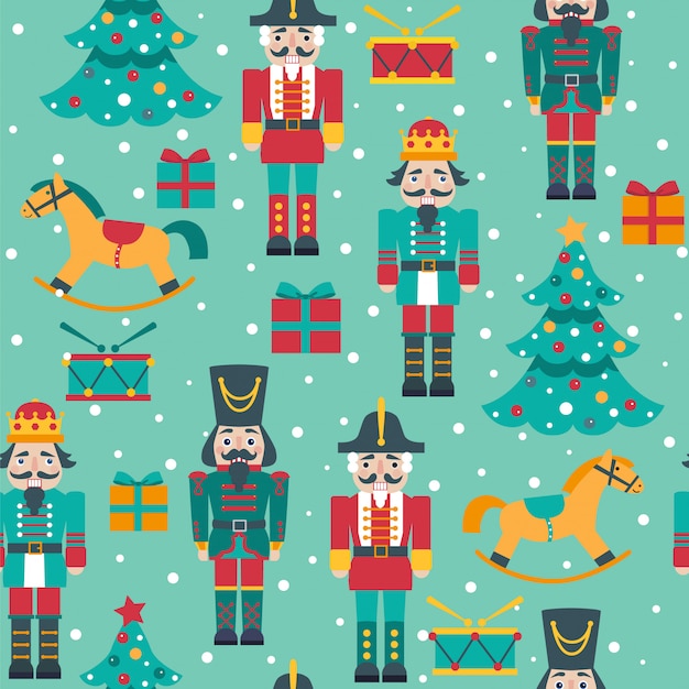 Seamless christmas pattern with nutcrackers, tree, horses, boxes. Premium Vector