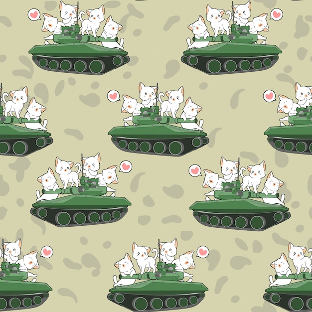シームレスなかわいい猫と戦車のパターン プレミアムベクター