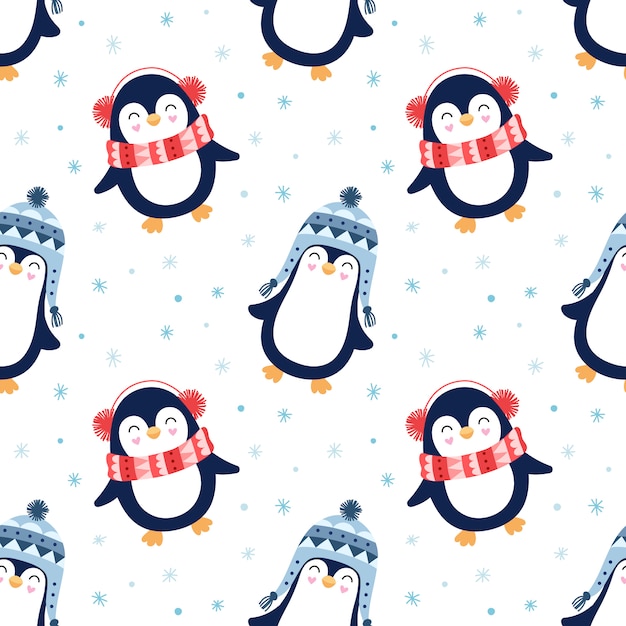 Premium Vector Seamless cute pattern, penguins, snow, snowflakes, winter.