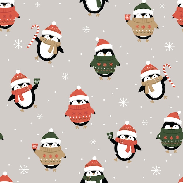 Seamless cute penguin, christmas ornament pattern | Premium Vector