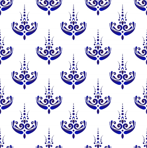 Premium Vector | Seamless damask pattern, blue and white wallpaper