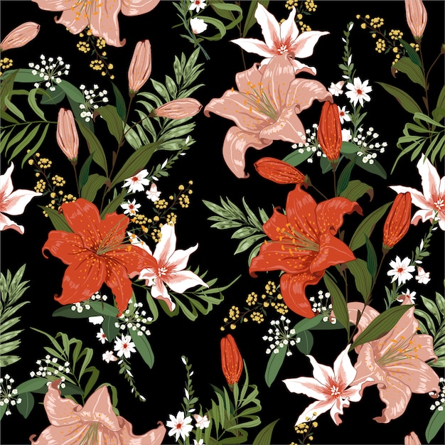 Seamless dark booling lily and tropical flower seamless pattern Premium Vector